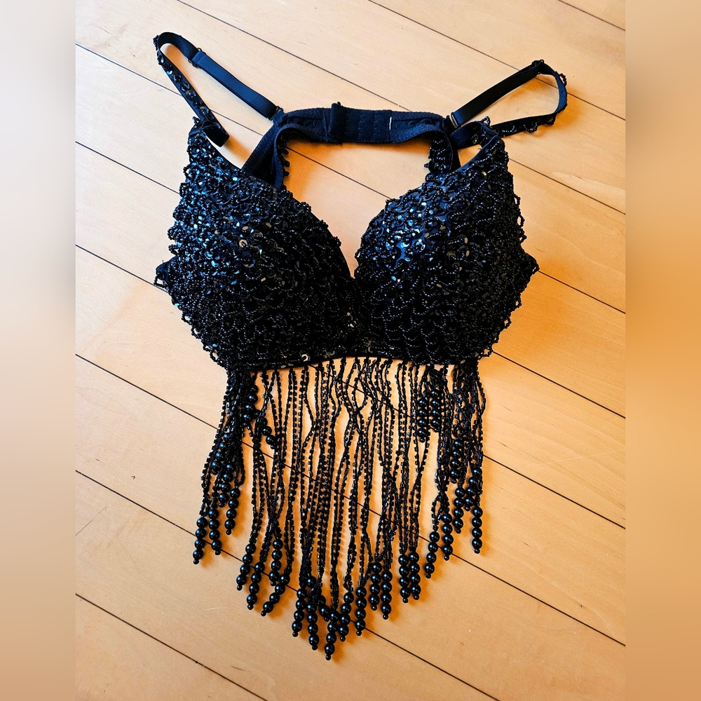 Black Beaded Fringe Bra Top